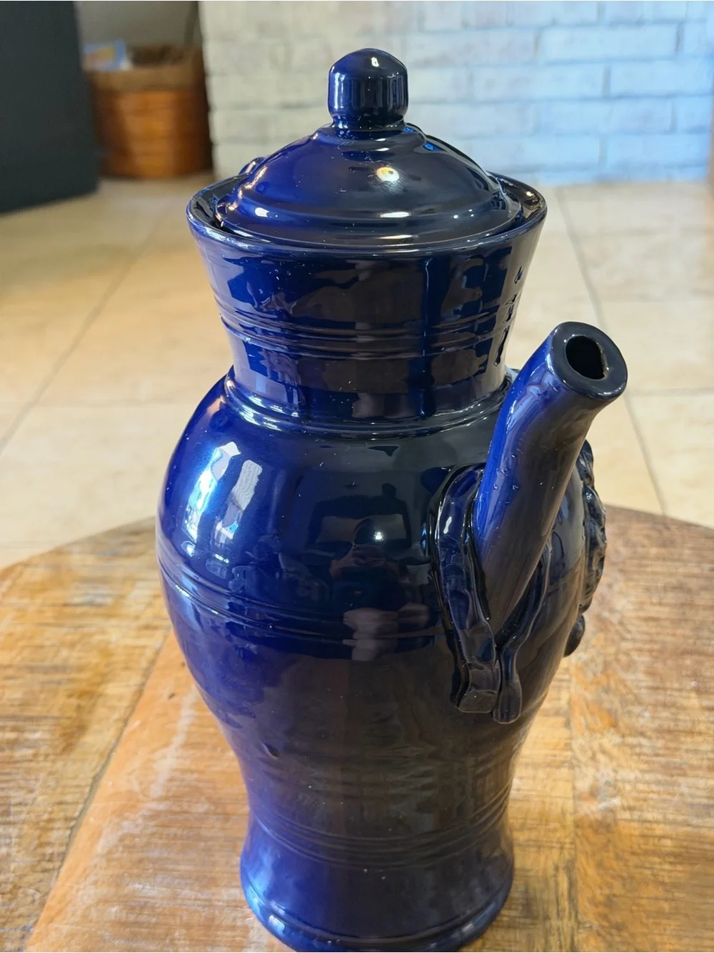 Italian Cobalt Blue Ceramic Teapot Kettle, Raised Grape Fruit Floral Pottery